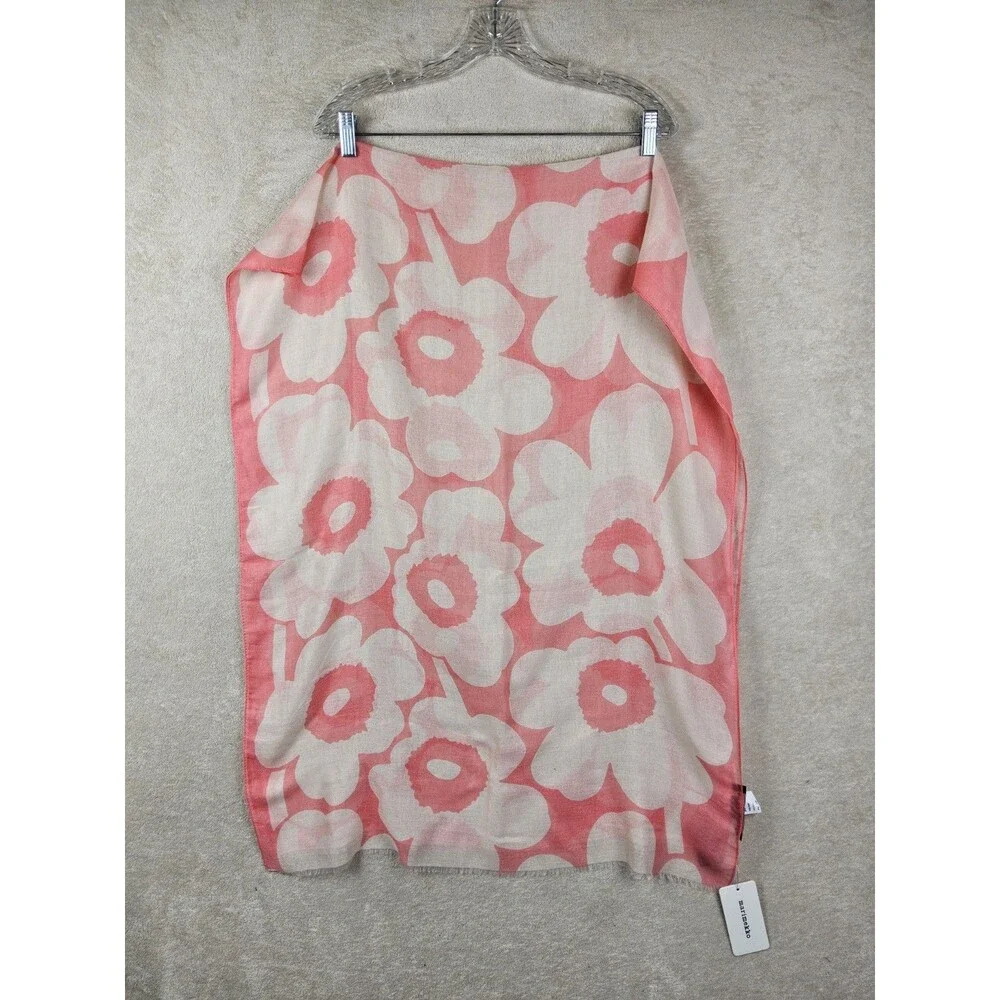 Marimekko Fiore Unikko Lightweight Sheer Wool Scarf Pink White